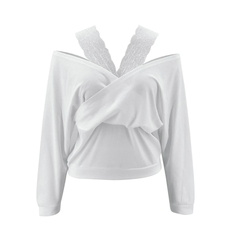 

Autumn Women Blouse Sexy Solid Color Long Sleeve Lace Straps V-neck Off Shoulder Pullover Tops Womens Shirt Knitted Clothes