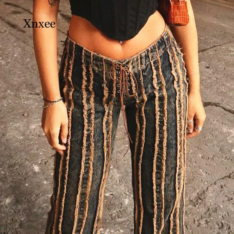 

Женские винтажные джинсы в стиле 90-х с бахромой, прямые брюки с заниженной талией, контрастные сшитые состаренные джинсовые брюки, 2021