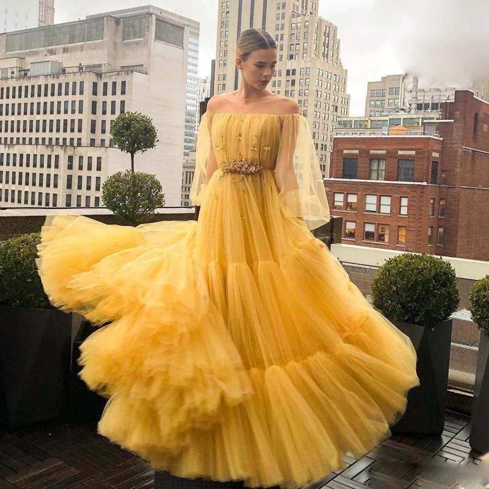 

Yellow Beaded Long Sleeves Prom Dresses Off The Shoulder A Line Pleated Evening Gowns Plus Size Sweep Train Tulle Formal Dress
