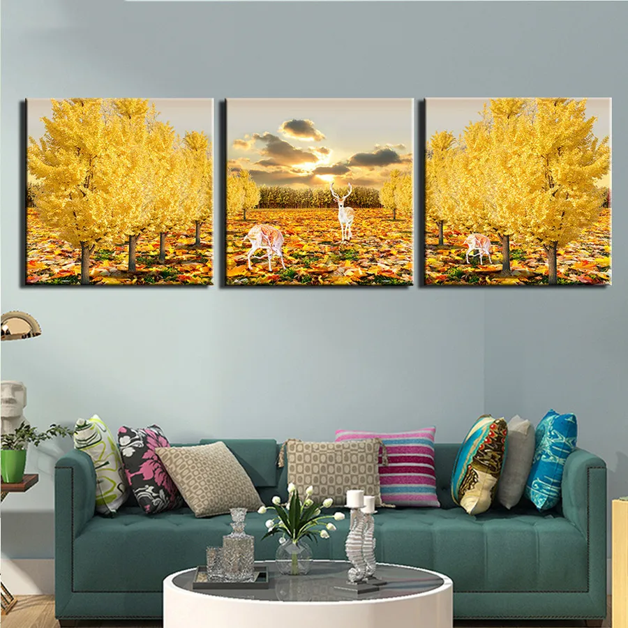 

Autumn Tree Deer diamond mosaic full round square 5d diy diamond painting 3pcs diamond embroidery rhinestone triptych