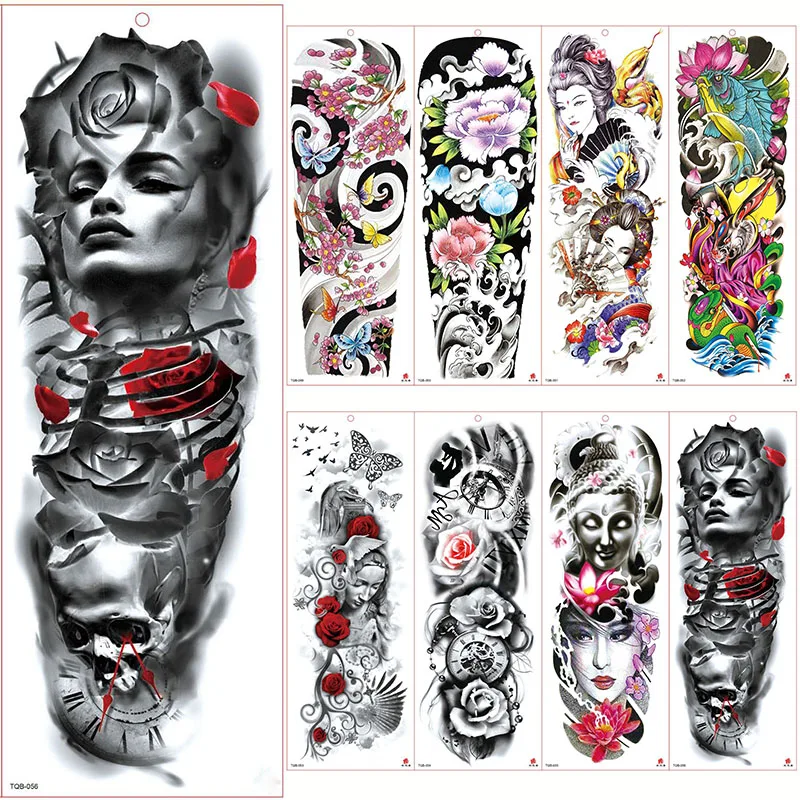 

FULL SLEEVE ARM TEMPORARY TATTOO, ORIENTAL DRAGON, LOTUS FLOWERS, MENS, WOMENS