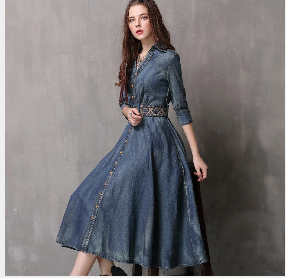 

Retro Women's Irregular Belt Embroidered Denim Skirt Long Skirts 2021 Spring Summer New Sleeve Dress For Lady Dresses Clothing