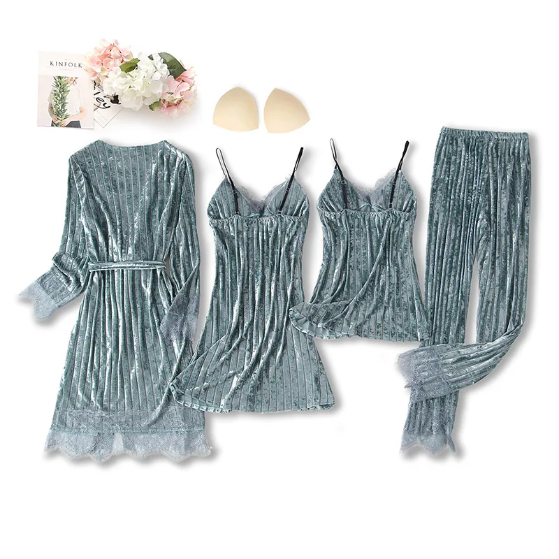 

Velvet Kimono Bathrobe Gown Women Sleepwear 4PCS Pajamas Set Casual Intimate Lingerie Homewear Soft Nightwear Pijamas Suit