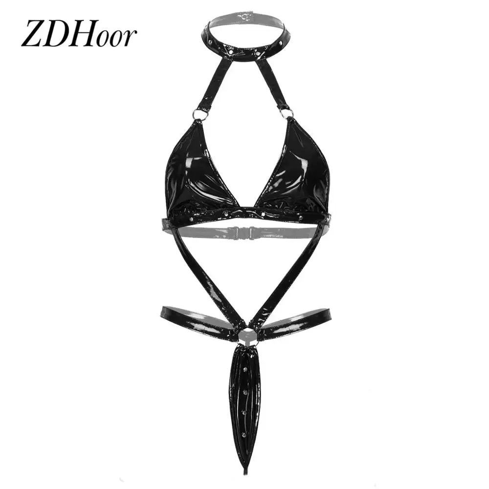 

Womens Hot Sexy Leotard Bodysuit Wet Look Patent Leather Lingerie Nightwear Halter Neck Hollow Out Thong Jumpsuit Nightclub Wear