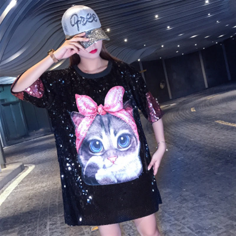 

2020 New Summer Women O-Neck Short Sleeve Loose T-shirts Female Fashion Street Style Cartoon Embroidery Sequin Stitching Tops