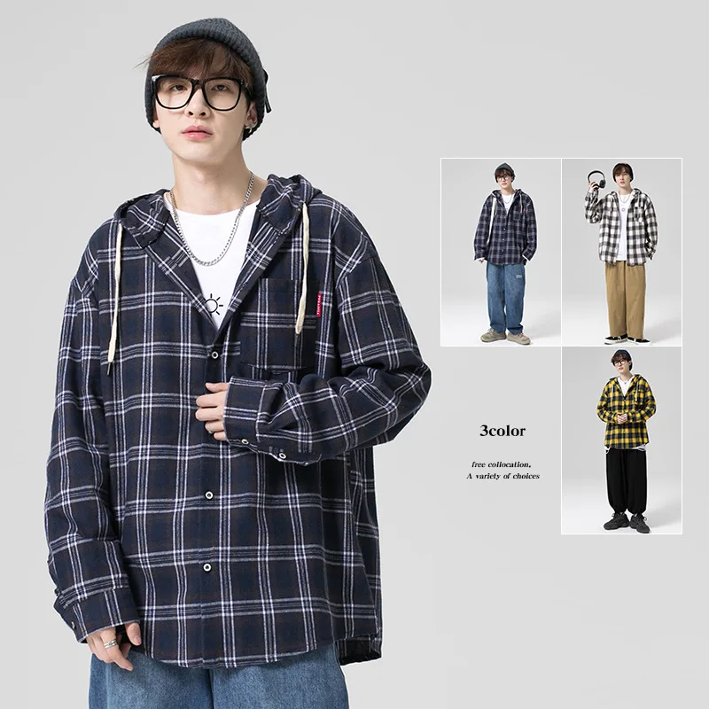 

Уличная рубашка мужская с длинным рукавом Весна с капюшоном Топ японская рубашка свободная Толстая рубашка Cuasal клетчатый кардиган блузка м...