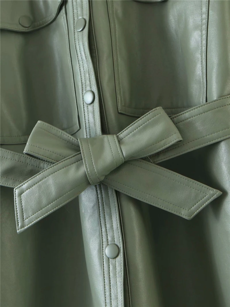 

Elegant women green PU leather-clad 2020 fashion lady pocket jackets streetwear female bow sashes slim jacket girls chic suits