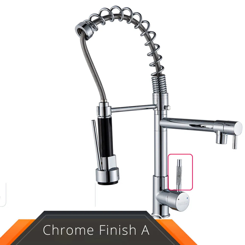 Chrome Весна Тянуть Вниз Смеситель для кухни двойной носики 360 Поворотный ручной душ смеситель для кухни кран горячая холодная 2 Outlet, весна краны - Цвет: Chrome Frosted knob
