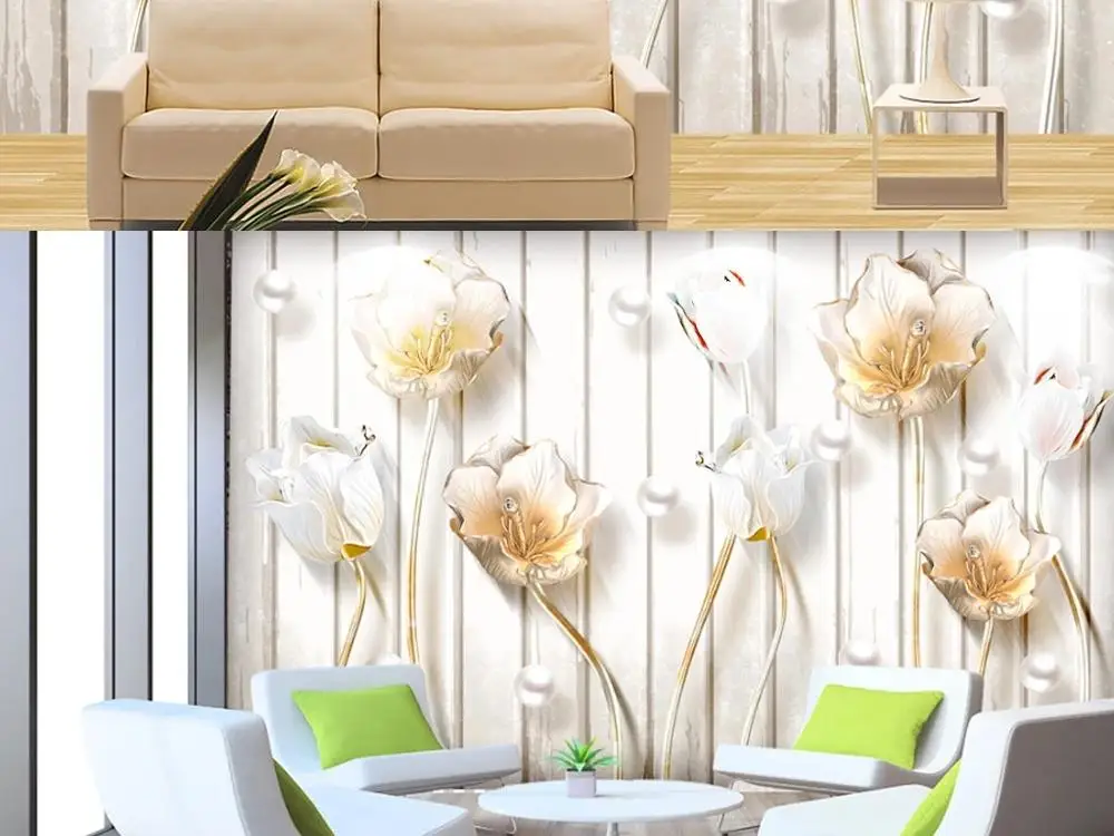 

New Custom 3D Large Mural Wallpaper Simple sofa embossed Chinese tulip jewelry children's room TV Background living Bedroom