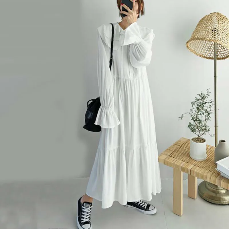 LANMREM Solid Color Doll Collar Trumpet Sleeves Loose Woman Chiffon Dress Casual Sweet Fashion 2020 Spring Dresses New TV141 | Женская