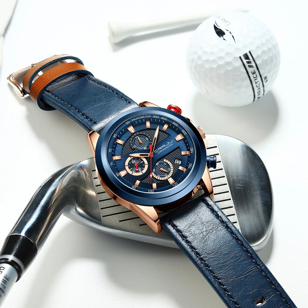 Часы CRRJU Мужские Аналоговые Роскошные Синие водонепроницаемые кварцевые