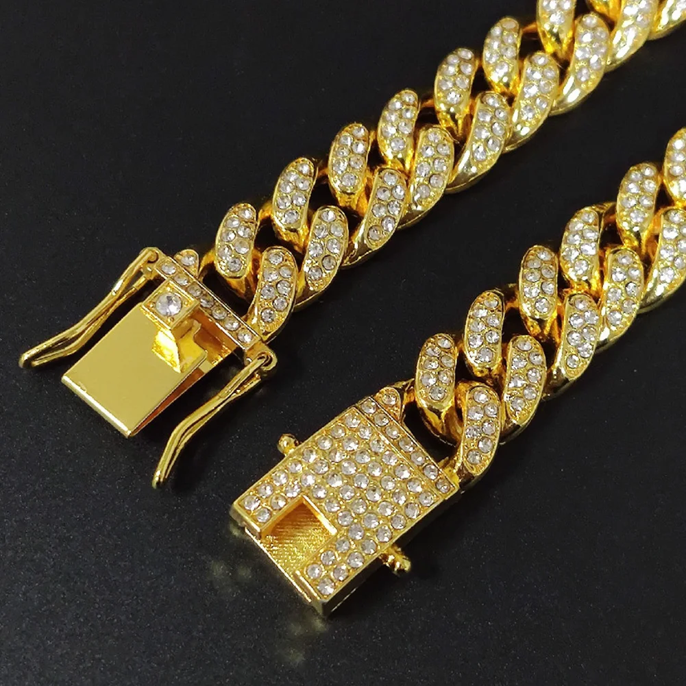 

Chunky Necklace Cuban Link Chain Shiny Rhinestones Nickle-Free Non-Allergy Gold Necklace Exaggerated Hip Hop Necklace for Men