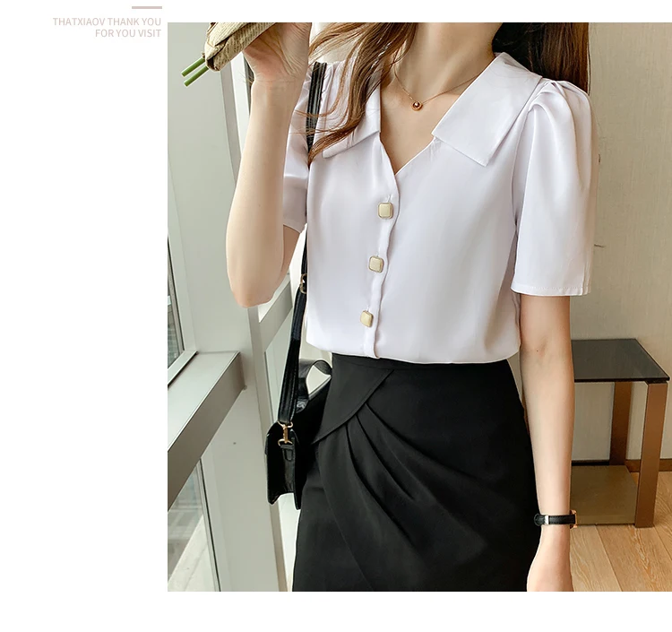 

Houthion Chiffon Slim Women's Blouse Fashion Short Sleeve Top New Casual Blusas Solid Color Buttons Doll Collar Shirt Summer