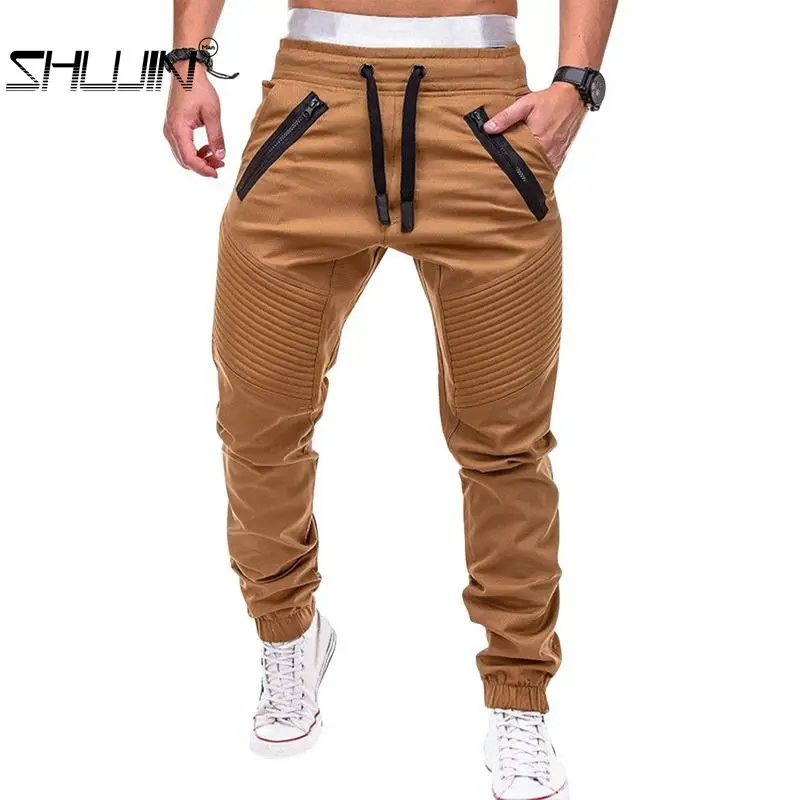 

Fashion Men Solid Color Pants Elastic Waist Sport Pleated Trousers Drawstring Elastic Waist Sport Pleated Pants Trousers
