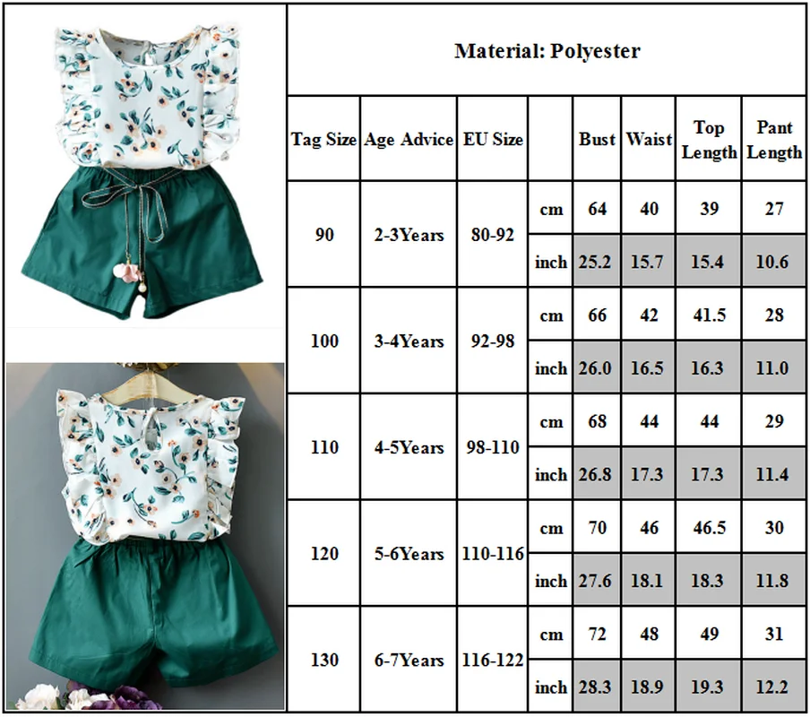 

Kids Girls Floral Leaf Print Outfits Ruffle Sleeveless Tops and Shorts Suit Loose Casual Party Set CN(Origin)
