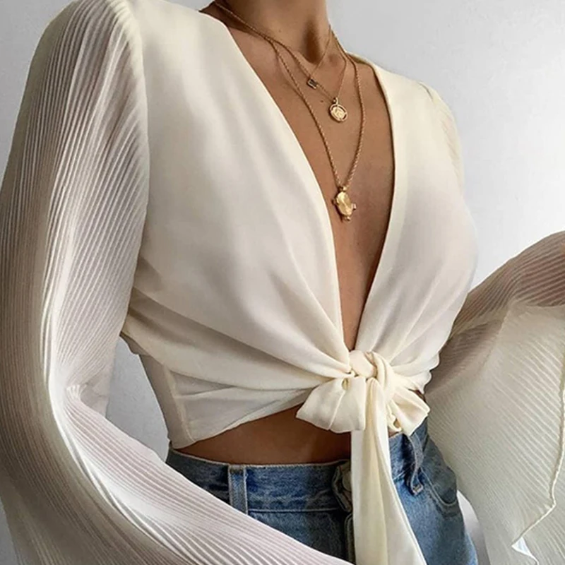 

Summer Lace Up Women Pleated Blouse Autumn Long Flare Sleeve Sexy Blouses Casual 2021Party Beach Female Tops New