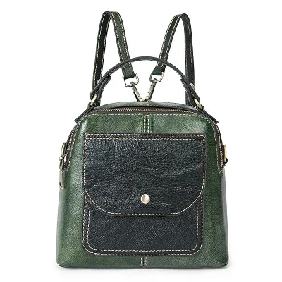 women vintage real leather backpack for female cowhide black green small daypack retro multifunctional