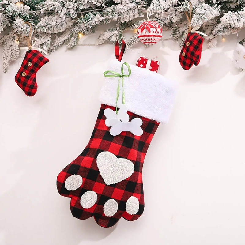 

Lattice Dog Paw Christmas Stockings Candy Bag Xmas Element Stocking for Family Country Rustic Personalized Holiday