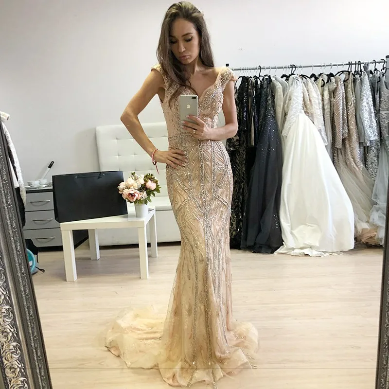

Beading Beading Formal Dress Sexy V-Neck Backless Light Champagne Mermaid Evening Dresses Saudi Arabic Prom Gown Robe De Soiree
