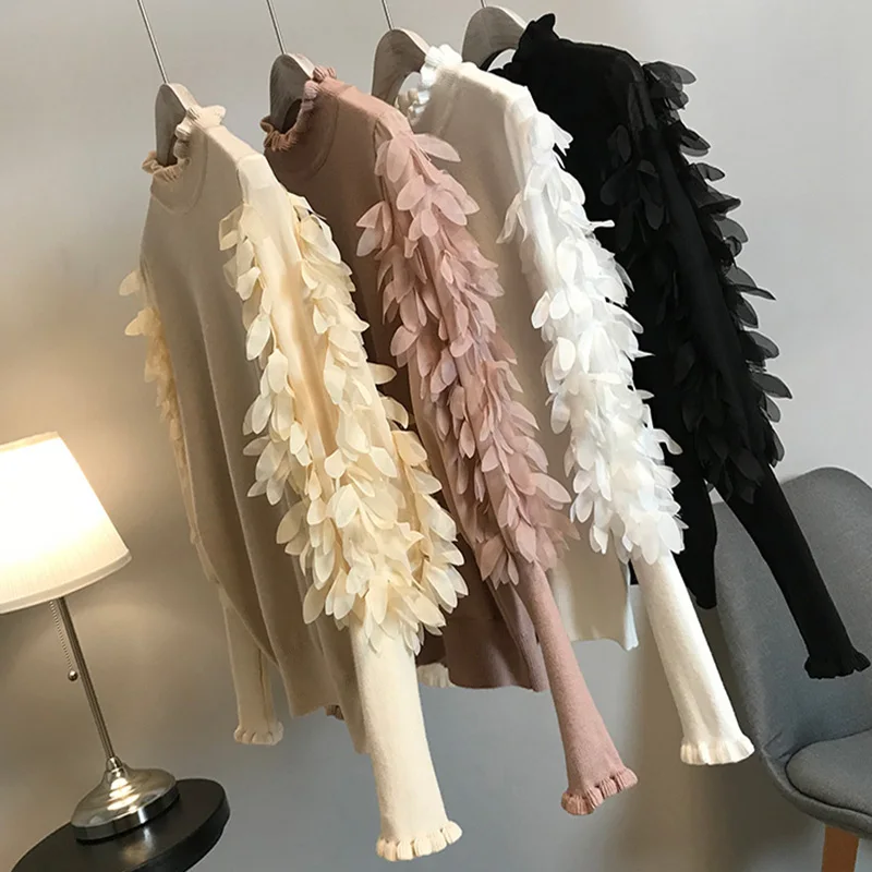 

Autumn Winter Sweet Tassel Knitted Sweaters Women Solid Ruffles Lantern Sleeve Pullovers Patchwork Mesh christmas sweater M1123