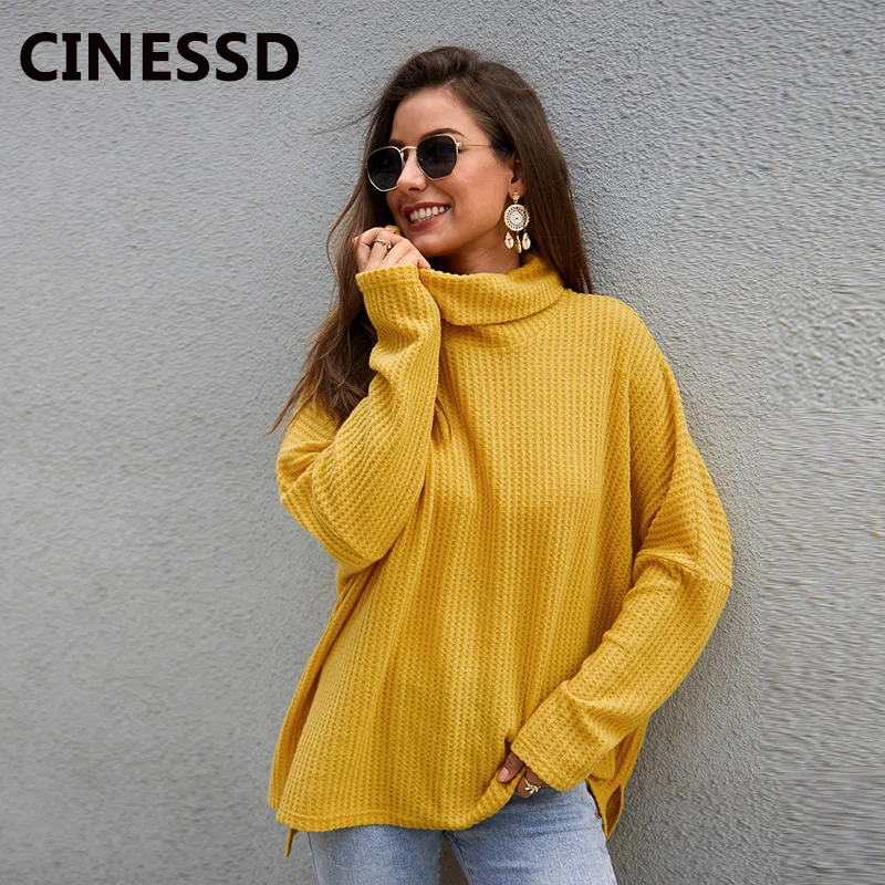 CINESSD Women Turtleneck Knitted Sweaters Solid Plaid Long Sleeves Casual Loose Pullover Tops 2019 Fashion Autumn Winter Sweater | Женская
