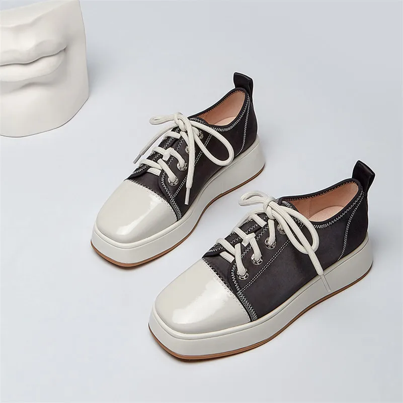 ANNYMOLI Natural Genuine Leather Flat Platform Shoes Woman Shoes Square Toe Flats Lace Up Female Casual Footwear Spring Apricot