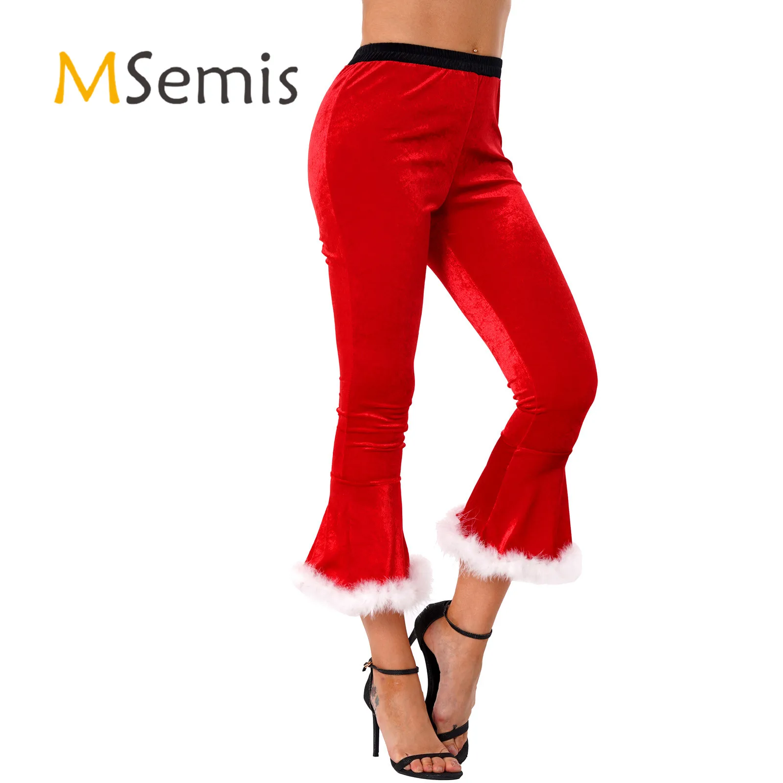 

Red Womens Christmas Santa Claus Long Pants Carnival Clothing Elastic Waistband Faux Fur Adorned Flared Pants Bell Bottoms