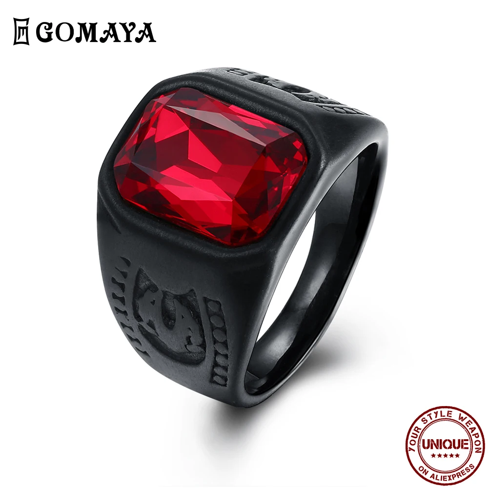 

GOMAYA Vintage 316L Stainless Steel Men Rings Punk Neo-Gothic Round Big Red Glass Ring Party Fashion Jewelry Free Shipping