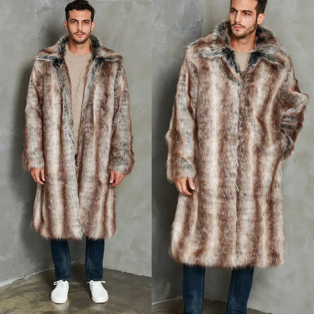 Men Faux Fur Coats Lapel Collar Gradient Faux Fur Coat Warm Coat Men Winter New Cold Resistance X-Long Streetwear Faux Fur Coat