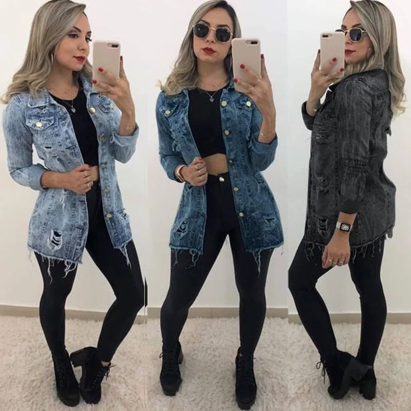Женская джинсовая куртка однотонная рваная облегающая однобортная длинная с