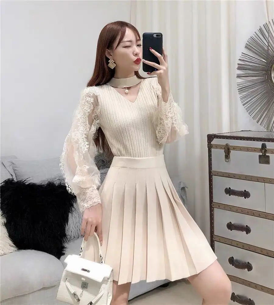 ALPHALMODA Новая мода кружевной фонарь рукав яркий Шелковый вязаный обтягивающий свитер изящный женский милый кружевной свитер Мода Outfi