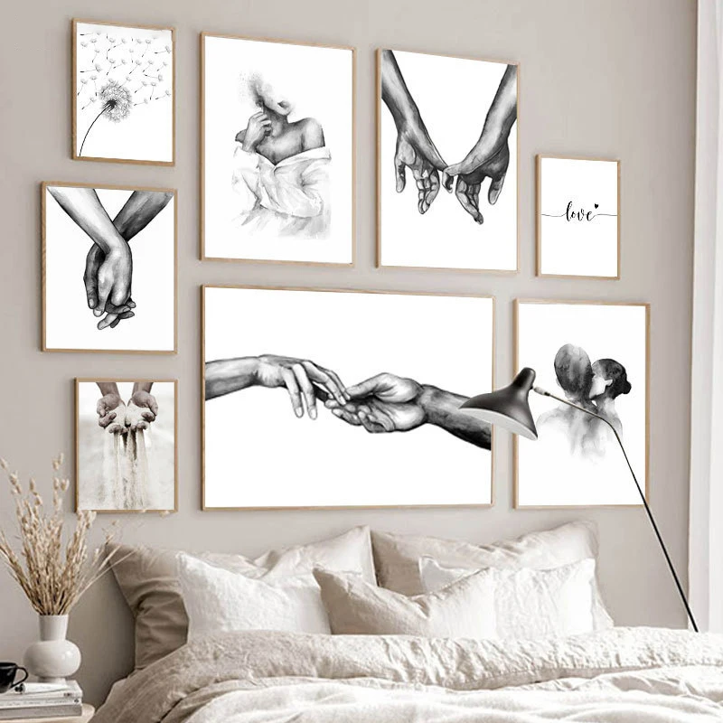 

Black White Sketch Canvas Painting Hand In Hand Love Quotes Wall Art Poster Printing Fashion Picture Couple Room Decoration