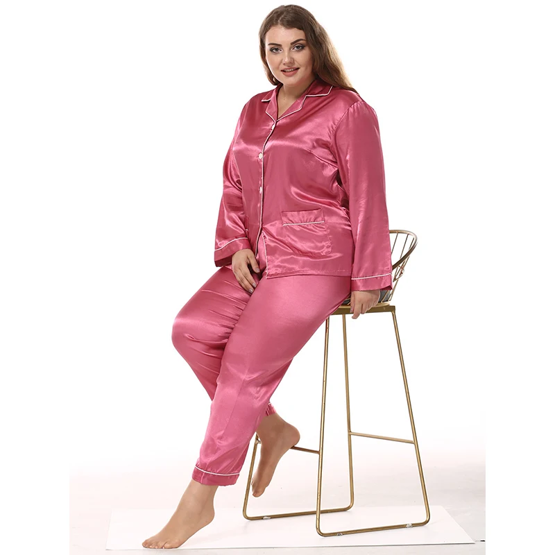 Big Size Lady Imitation Silk Pajama Sets Satin Silk Clothes + Long Pants Two-Piece Sets Casual Sleepwear Fat MM Women 8219