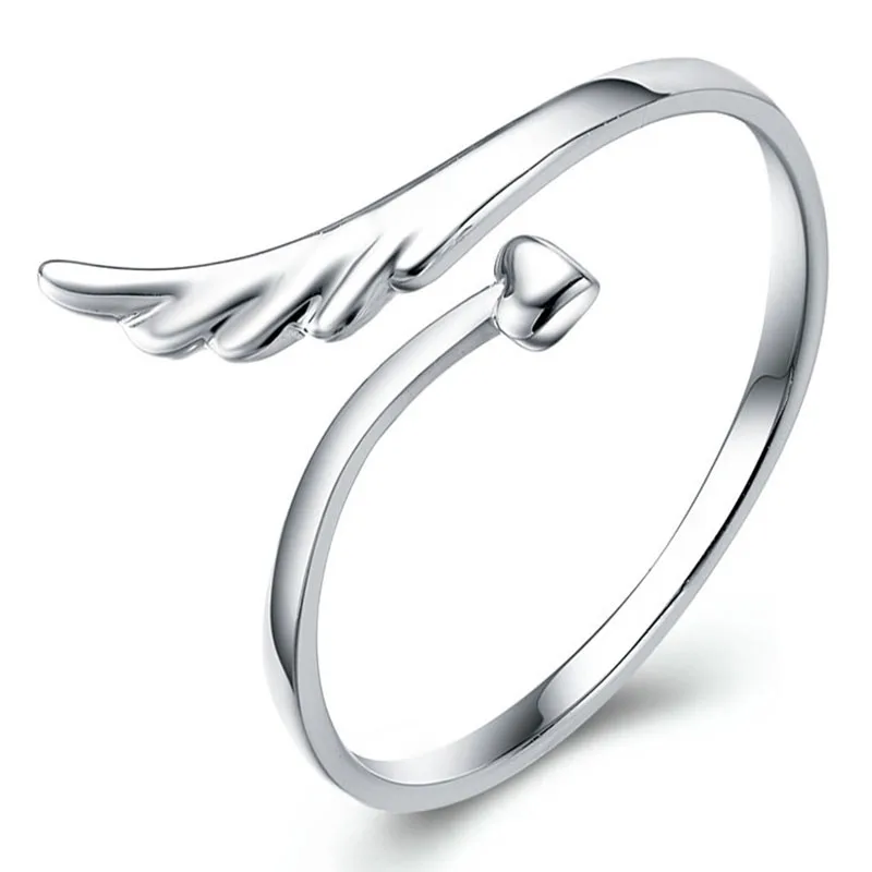 

925 Silver Adjustable Open Ring Thumb Ladies Heart Angel Wing Rings For Women Men Lovers Student Crystal Fine Jewelry Gifts