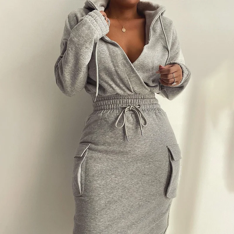 

2022 Christmas Autumn Winter Casual Long Sleeve V Neck Lowcut Grey Dress Flap Detail Drawstring Waist Hooded Sweatshirt Dress