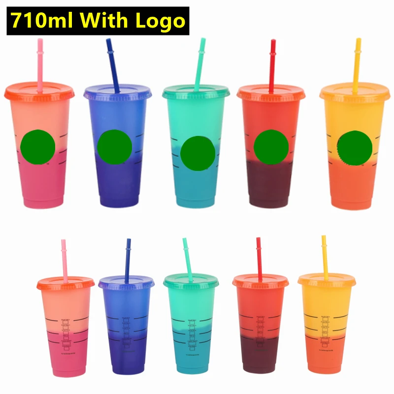 

710ml Color Changing Straw Cup With Logo With Lid Reusable Cups Plastic Tumbler Cold Coffee Mug Party Gift Discoloration Mugs