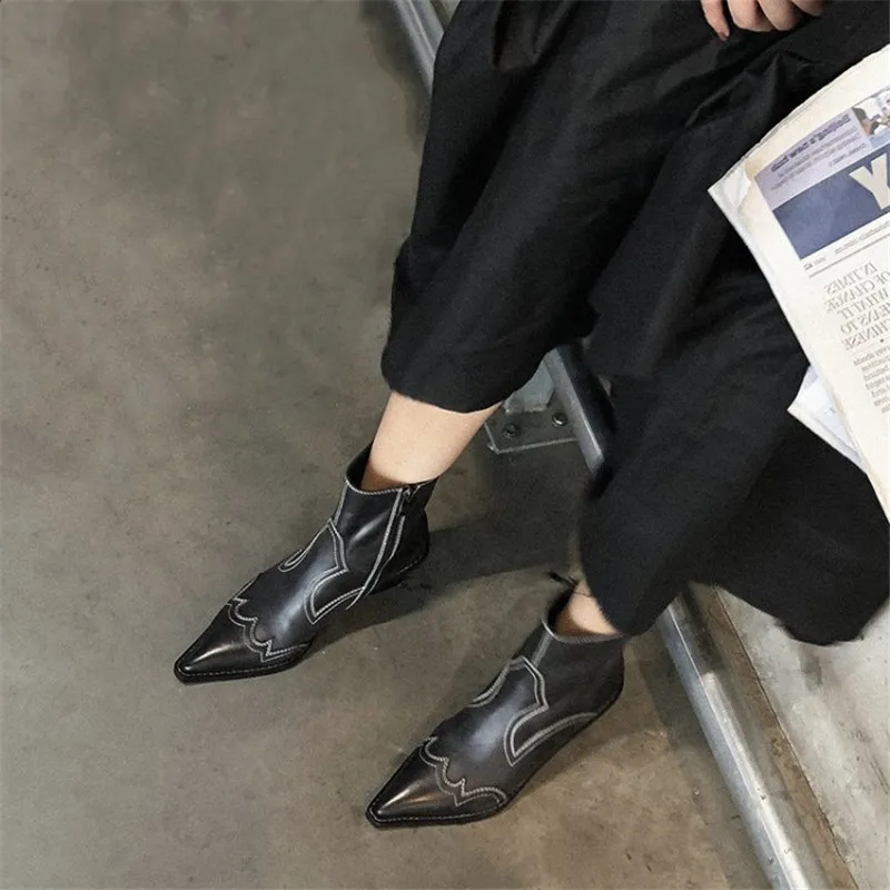 

Mabaiwan High Heel Shoes Women Winter Chelsea Embroidery Ankle Boots Pointed toe Sexy Women's Black Genuine Leather Zipper Boots