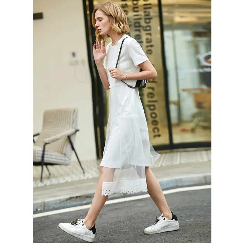 Amii летнее женское лоскутное платье повседневное однотонное кружевное с коротким