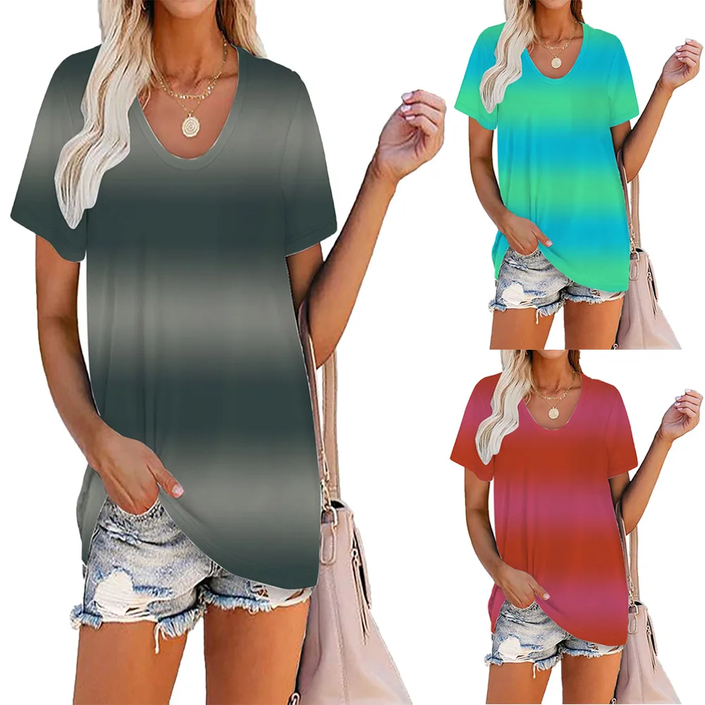 

Women Tie Dye Print Short Sleeve T-shirt Casual O-neck Gradient T-shirts Female Camisetas Verano Mujer 2021 Street Top Tees