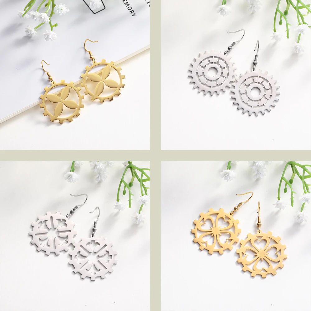 

Lucktune Hollow Gear Drop Earrings Stainless Steel Hip Hop Cute Earrings Women Gift Clover Flower Cherry New Fashion Jewelry