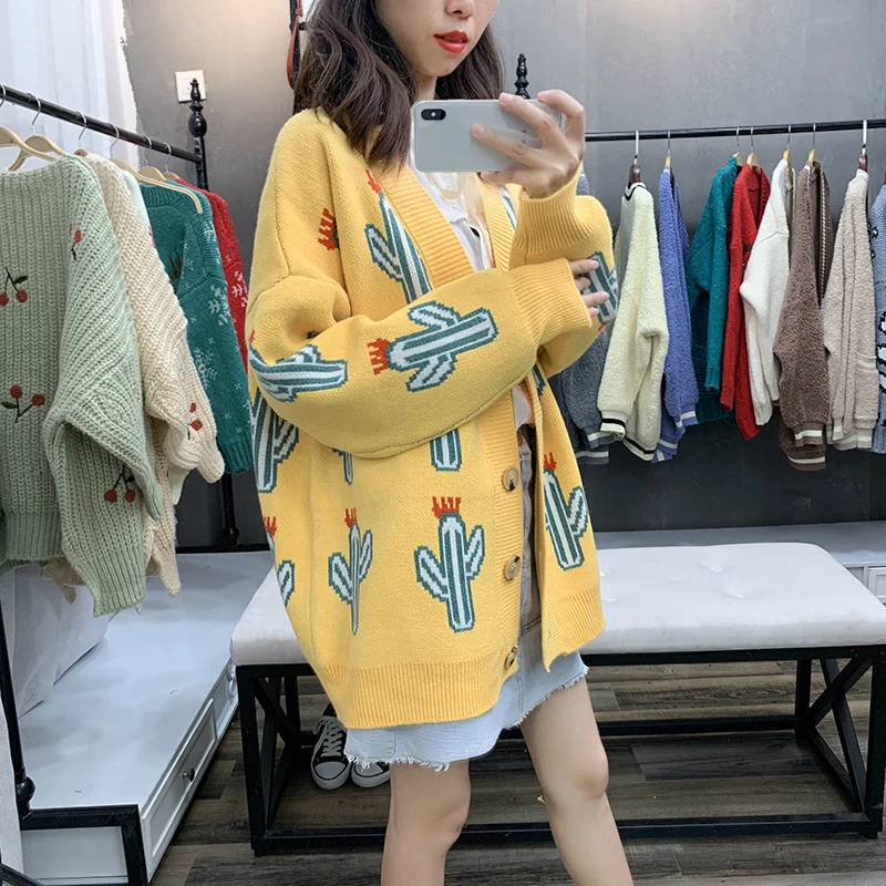 Модный кардиган с рисунком кактуса и растений женское однобортное свободное
