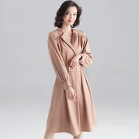 new autumn temperament slim dress with belt knee length full sleeve v neck fall fashion clothes for women 2021