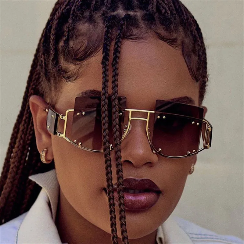 

Punk Sunglasses Women 2021 Fashion Goggle Alloy Big Frame Sun Glasses Luxury Brand Gafas Female Vintage Rimless Oculos De Sol