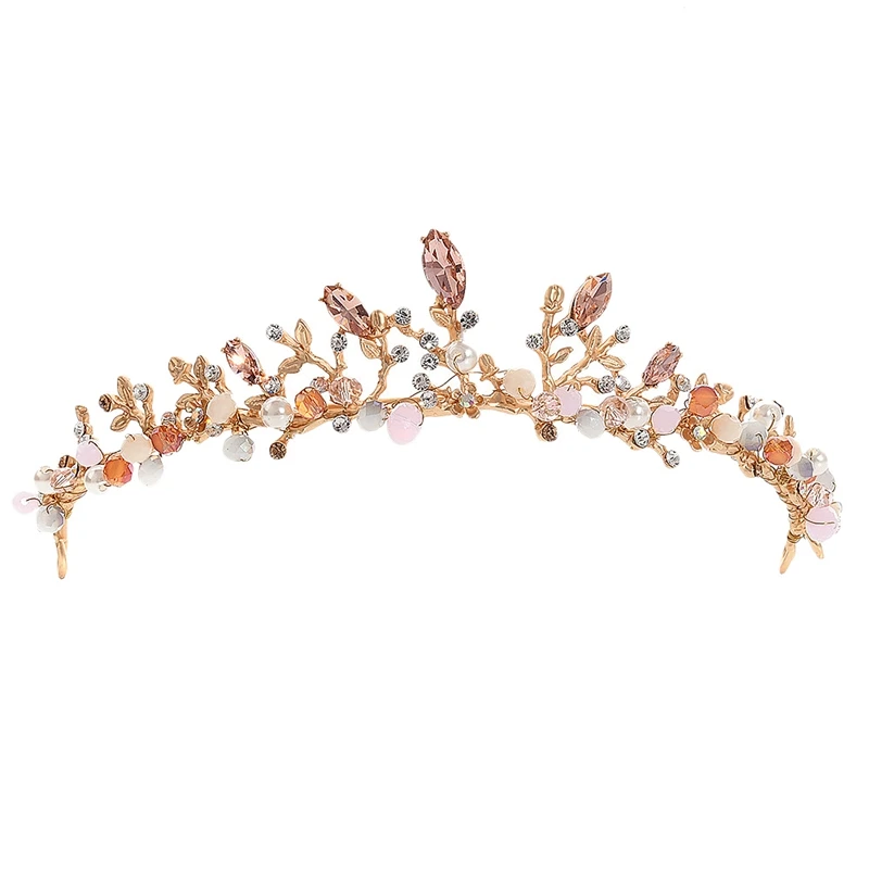 Baroque Rhinestone Pink Crystal Beads Bride Crown Tiara Wedding Bridal Diadem Headpiece Hair Accessories Jewelry | Украшения и