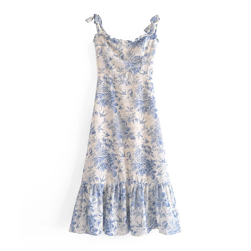 

2021 novo bowknot cinta de espaguete cintura alta vintage impresso plissado camisola vestido moda feminina