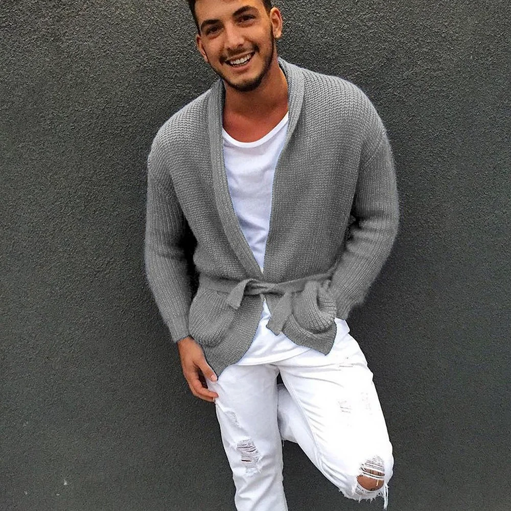 Cardigan For Men With Belt Casual Streetwear Knitted Sweater Coat Fashion Clothing 2021 Solid Color | Мужская одежда