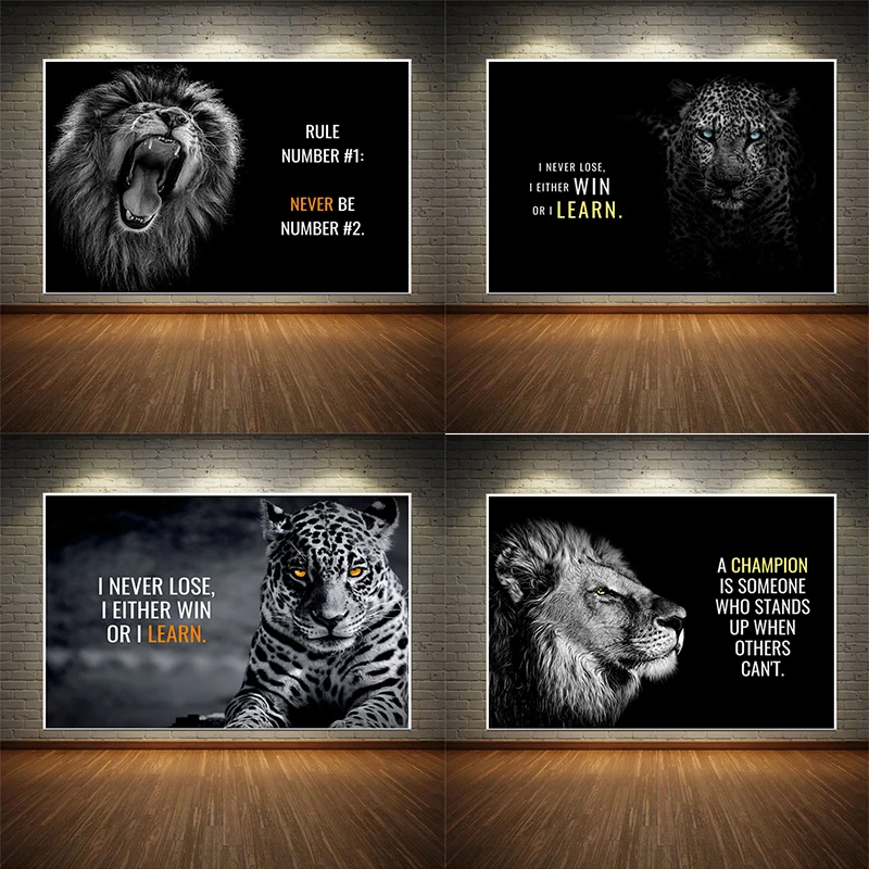 

Black Lions Letter Inspiration Art Canvas Painting Animals Motivational Quote Posters Prints Wall Art Pictures for Living Room