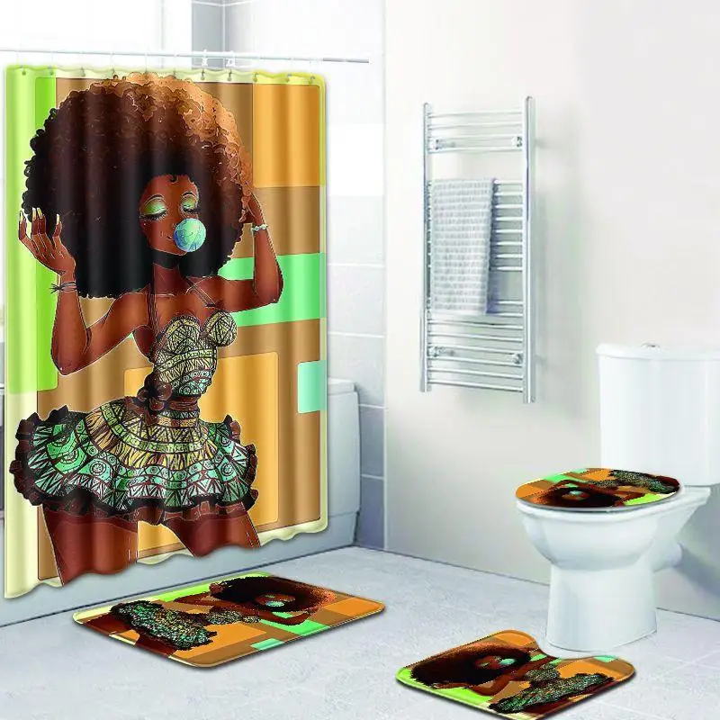 

35 4Pcs/Set Stylish African Women Series Pattern Bath Set Shower Curtain Non-Slip Toilet Pad Cover Bath Mat