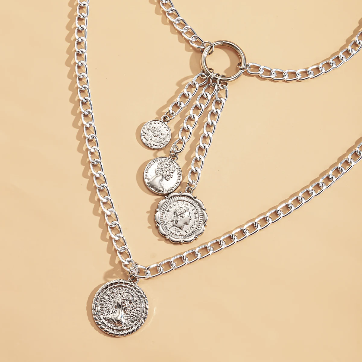 

IngeSight.Z Double Layered Carved Coin Human Head Pendant Necklace Goth Gothic Gold Color Curb Miami Chain Long Necklace Jewelry