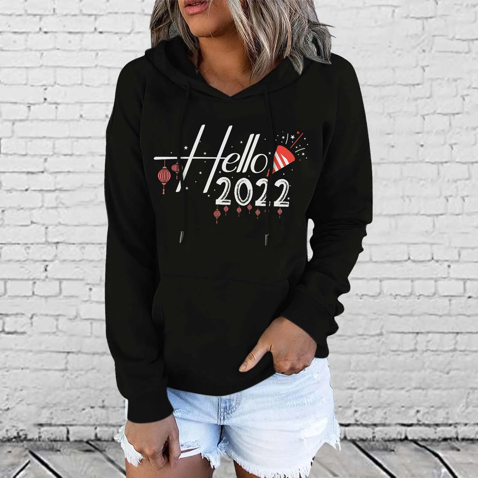 

Happy New Year Womens Hoodies Hello 2022 Printed Long Sleeve Hooded Sweatshirt Ladies Casual Pullovers Top Sudaderas Mujer A40